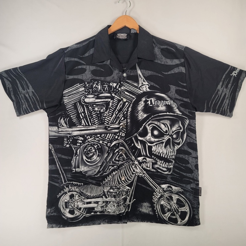 Dragonfly Mens L Y2K Skull Motorcycle Chopper Biker Graphic‎ Button Up Shirt
